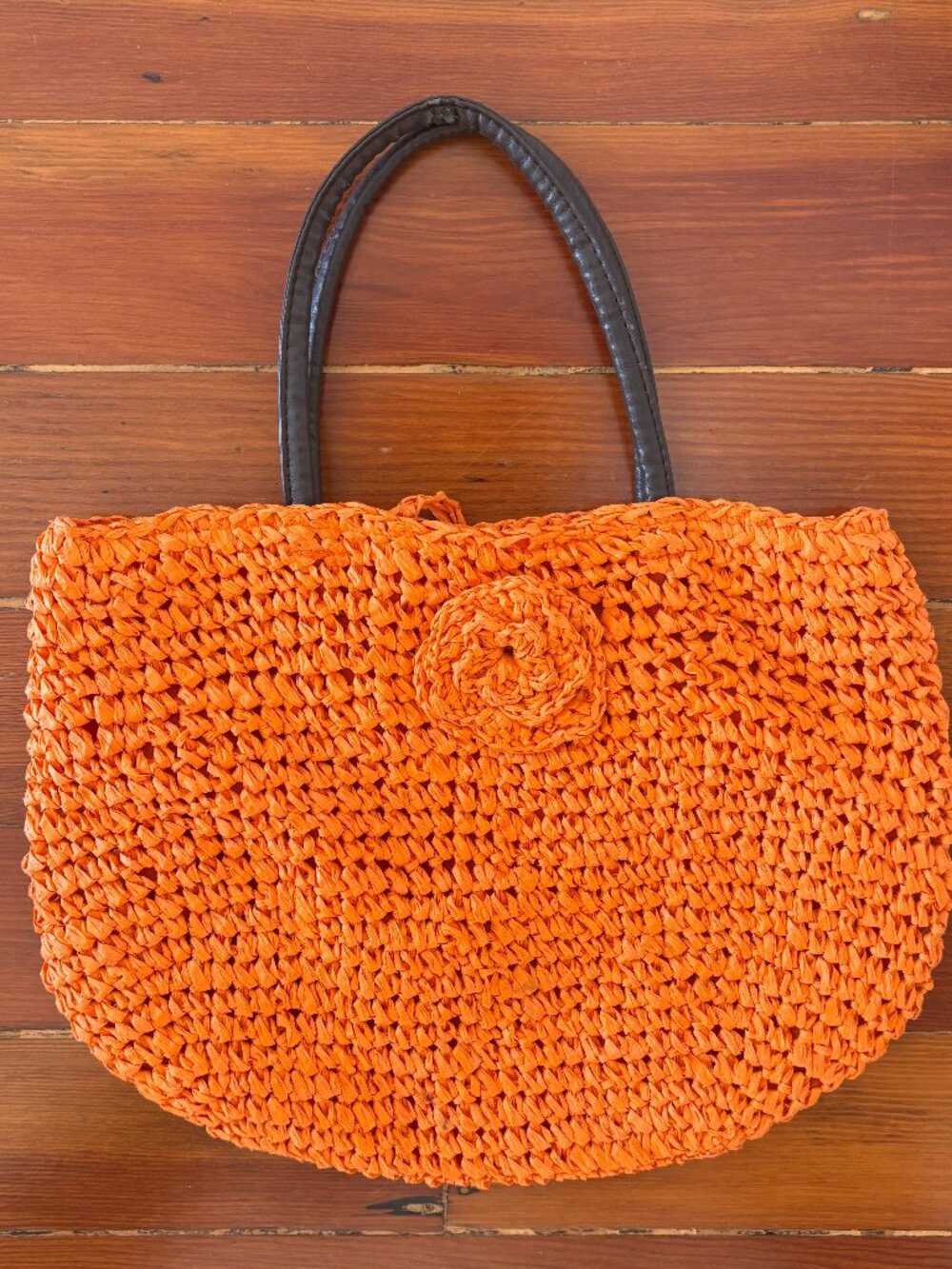 Neiman Marcus Vintage Orange Straw Rattan Flower Satchel Handbag